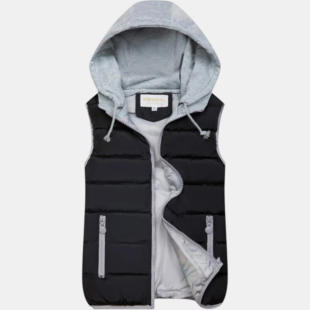 Women's Hooded Puffer Gilet Sleeveless Quilted Zip Up Gilet - Black
