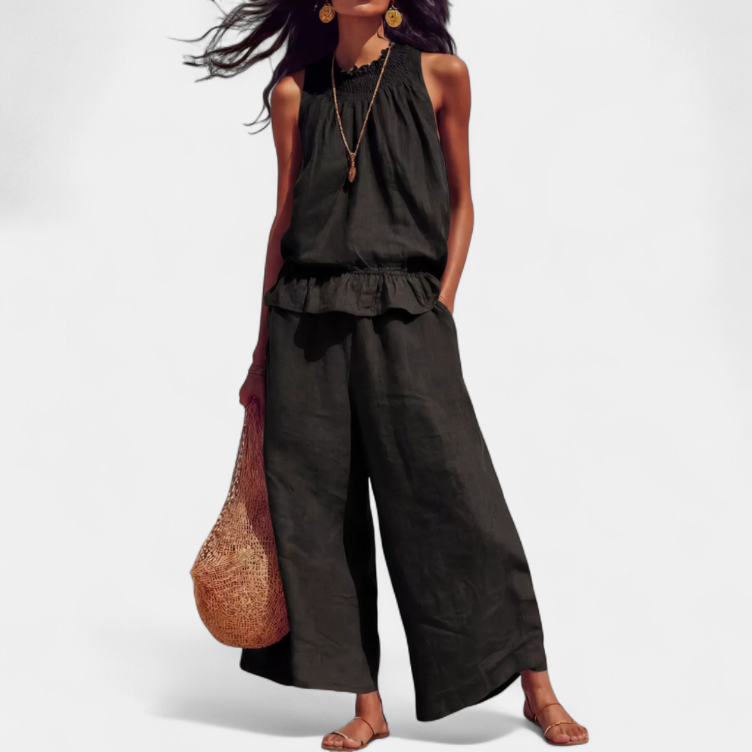 Women's Breezy Linen Wide-Leg Two-Piece Set - Black