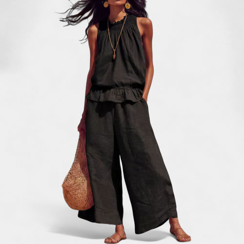 Women's Breezy Linen Wide-Leg Two-Piece Set - Black