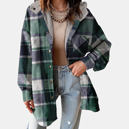 Women's Flannel Hooded Check Shacket Fleece Lined Coat - Blackish Green