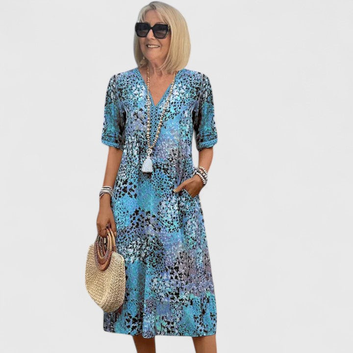 Women's Midi Dress with V-Neck and Short Sleeves - Blue