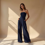 Women's Strapless Jumpsuit with Wide Legs and Defined Waist - Dark Blue