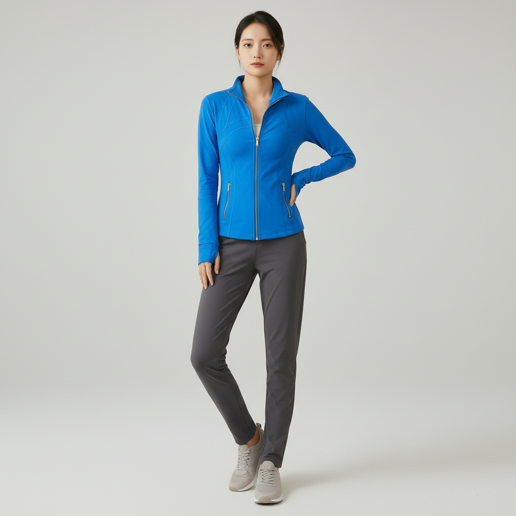 Women's Sports Jacket Long Sleeve with Full Zip and Stand Collar - Sapphire Blue