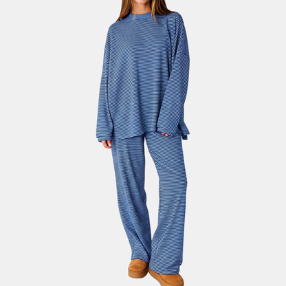 Women's Pyjamas Sets Oversized Wide Leg Striped Two Piece Set - Blue
