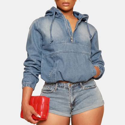 Women's Cropped Zip Up Hoodie Denim Sweatshirt - Blue