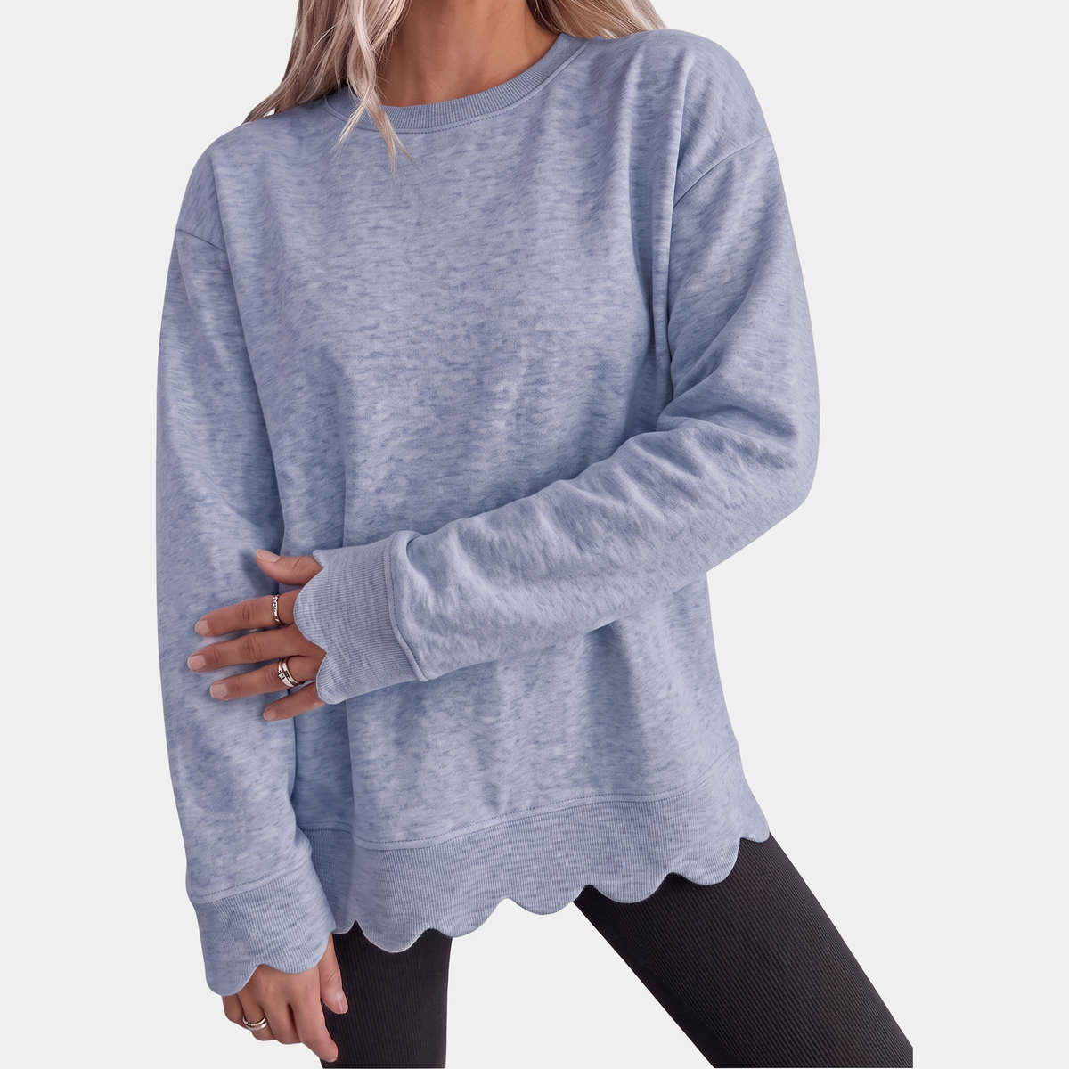 Women's Scallop Hem Crewneck Oversized Sweatshirt - Blue