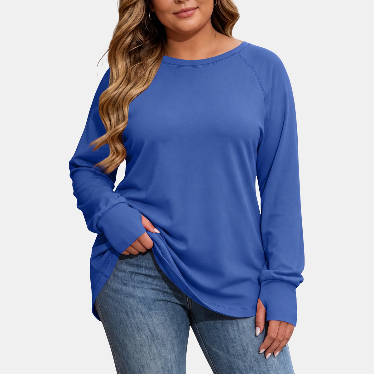 Women's Crewneck Thumb Hole Oversized Tunic Top - Blue