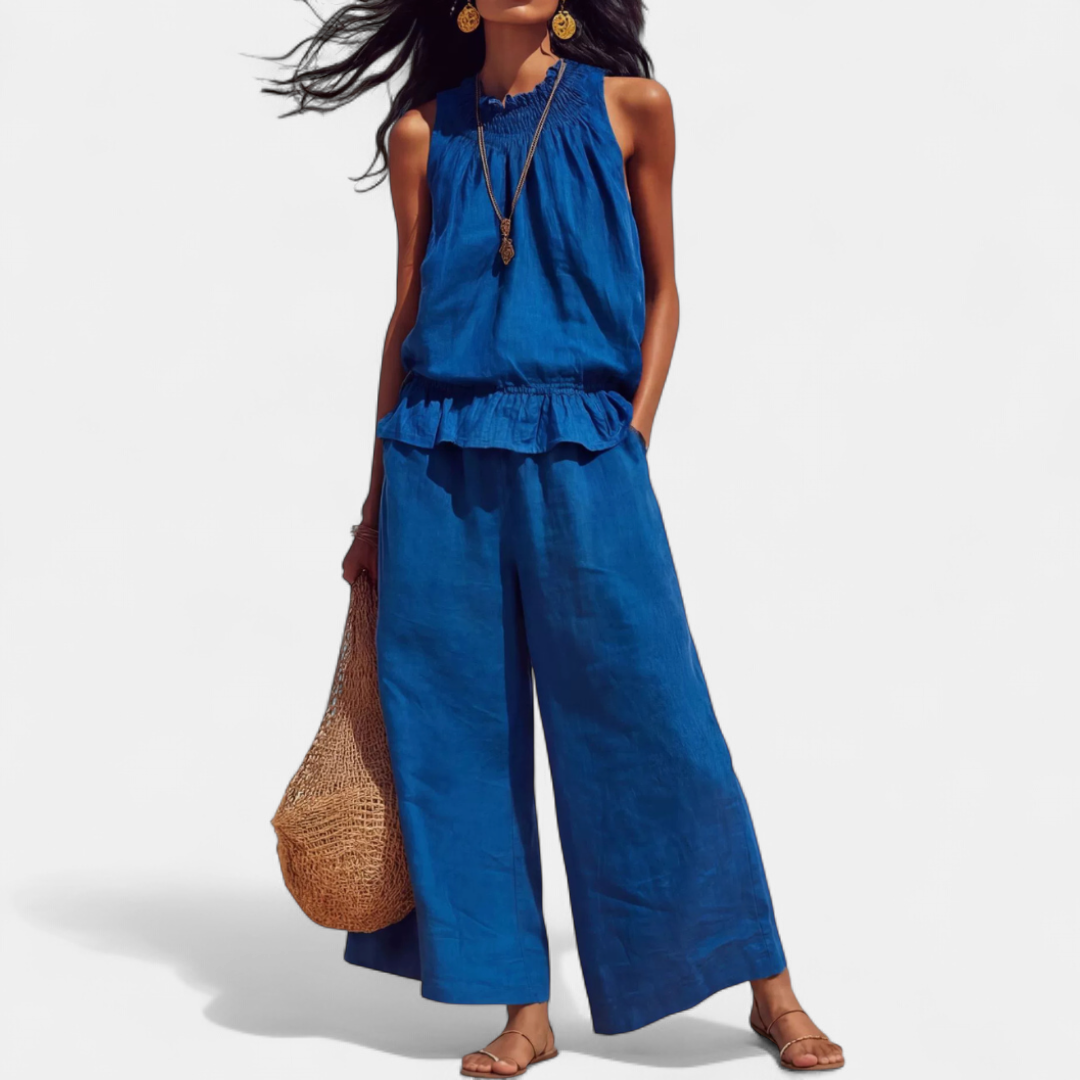 Women's Breezy Linen Wide-Leg Two-Piece Set - Blue