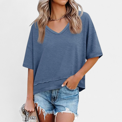 Women's Relaxed V-Neck Casual Tee - Bluish Gray