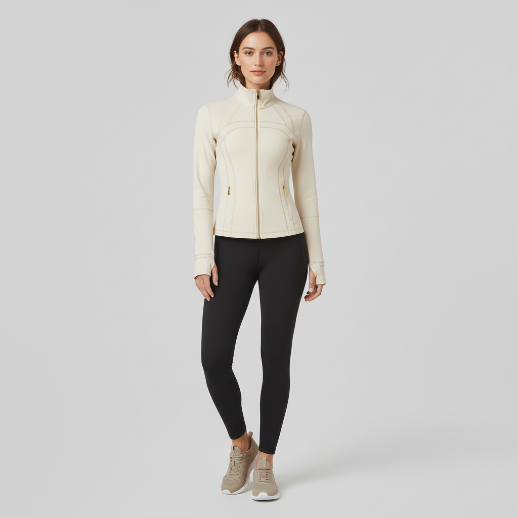 Women's Sports Jacket Long Sleeve with Full Zip and Stand Collar - White