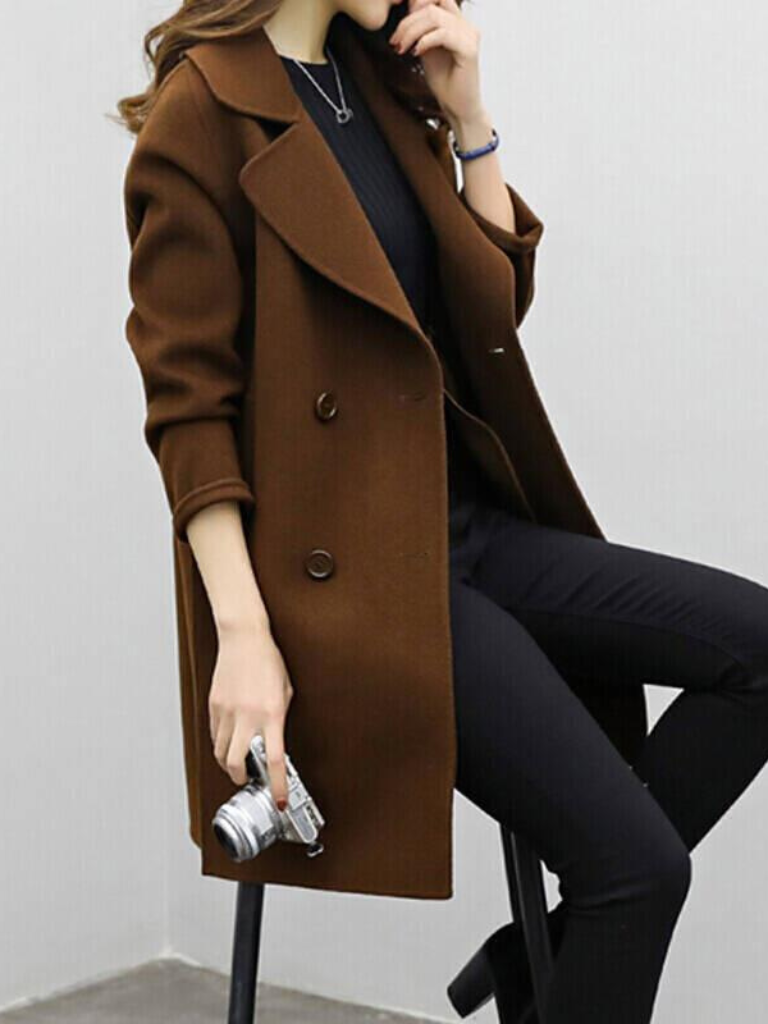 Women's Longline Coat Double-Breasted with Sharp Lapels - Brown
