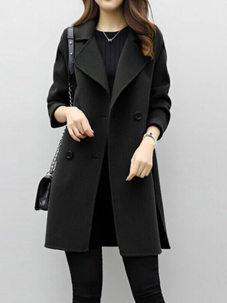 Women's Longline Coat Double-Breasted with Sharp Lapels - Black