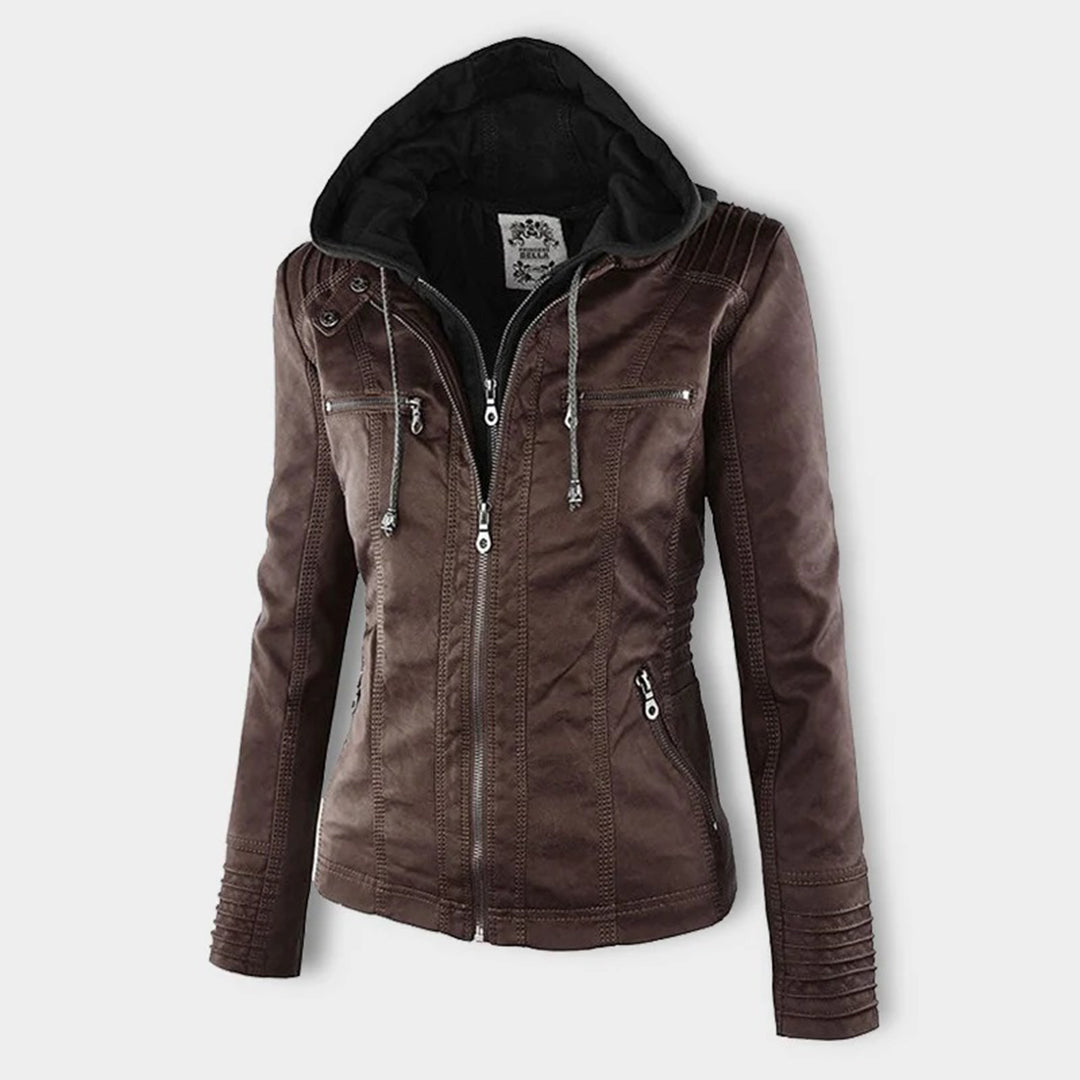 Women's Hooded Zip-Up Jacket with Faux Leather Finish - 8