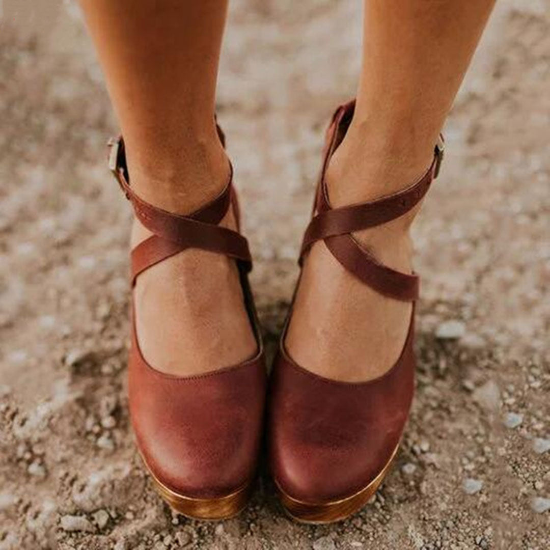 Women's Closed-Toe Wedge Heels with Crossover Ankle Strap - Brown