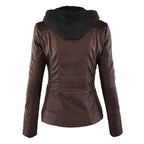 Women's Hooded Zip-Up Jacket with Faux Leather Finish - 9