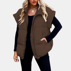 Women's Puffer Gilet Oversized Quilted Sleeveless Stand Collar with Pockets - Brown