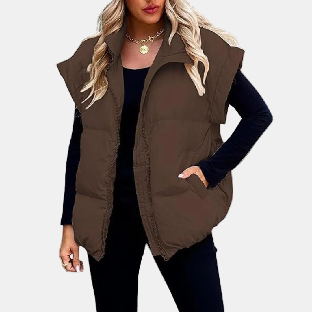 Women's Puffer Gilet Oversized Quilted Sleeveless Stand Collar with Pockets - Brown