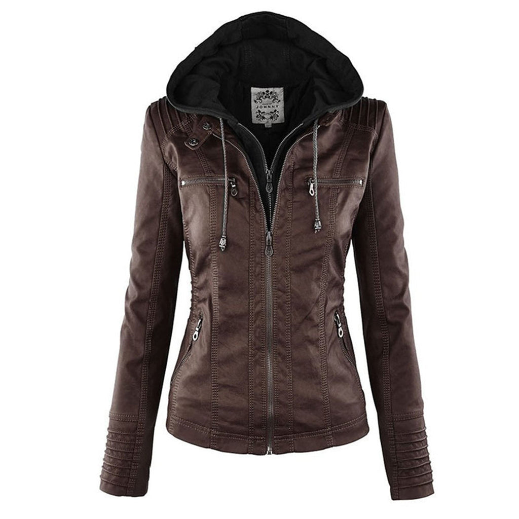 Women's Hooded Zip-Up Jacket with Faux Leather Finish - Brown
