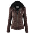 Women's Hooded Zip-Up Jacket with Faux Leather Finish - Brown