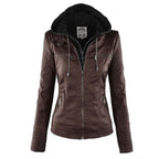 Women's Hooded Zip-Up Jacket with Faux Leather Finish - Brown