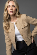 Women's Cropped Blazer Jacket with Round Neck and Textured Finish - Khaki