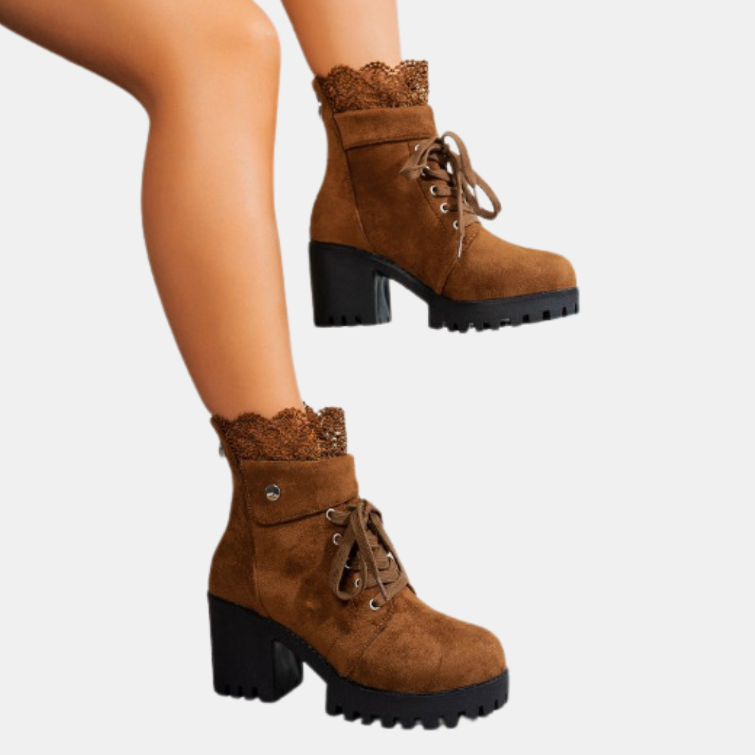 Women's Lace Up Ankle Boots with Decorative Lace Trim and Block Heel - Brown