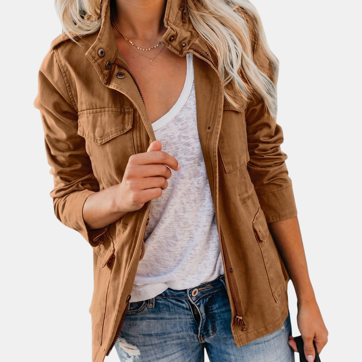 Women's Utility Cargo Jacket with Multi Pocket Drawstring Waist - Brown