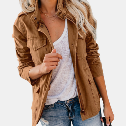 Women's Utility Cargo Jacket with Multi Pocket Drawstring Waist - Brown