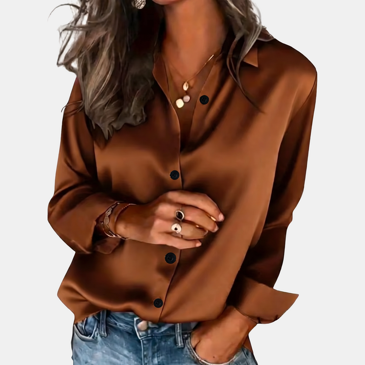 Women's Satin Button Front Long Sleeve Blouse - Brown