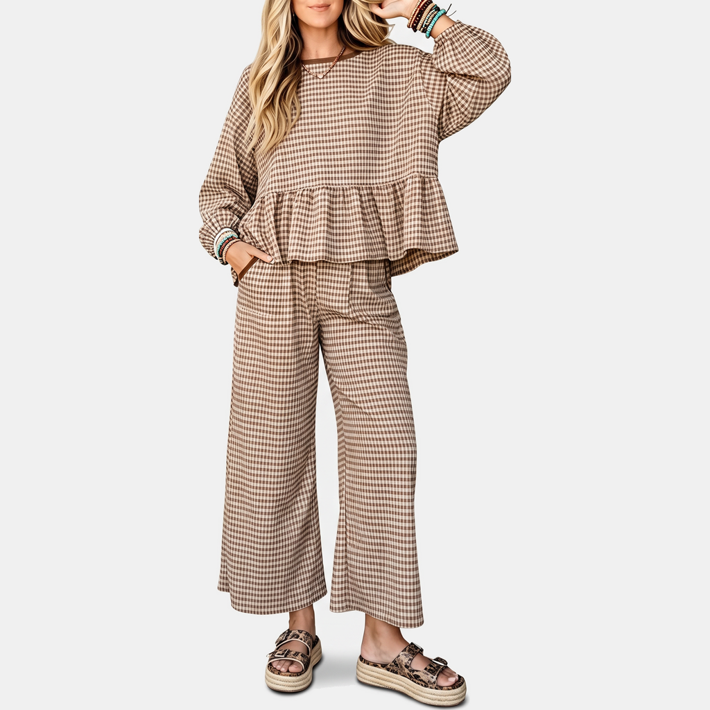 Women's Ruffle Hem Lounge Set Wide Leg Cropped Trousers - Brown