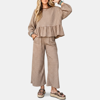 Women's Ruffle Hem Lounge Set Wide Leg Cropped Trousers - Brown
