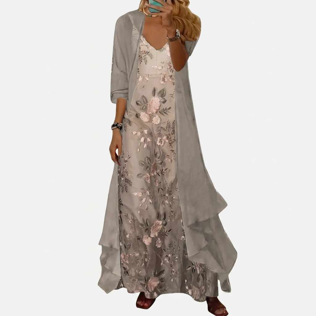 Bryleigh | Elegant Maxi Dress Two-Piece Set - Beige