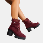 Women's Lace Up Ankle Boots with Decorative Lace Trim and Block Heel - Burgundy