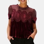 Women's Velvet Lace Appliqué Ruffle Neck Blouse - Burgundy