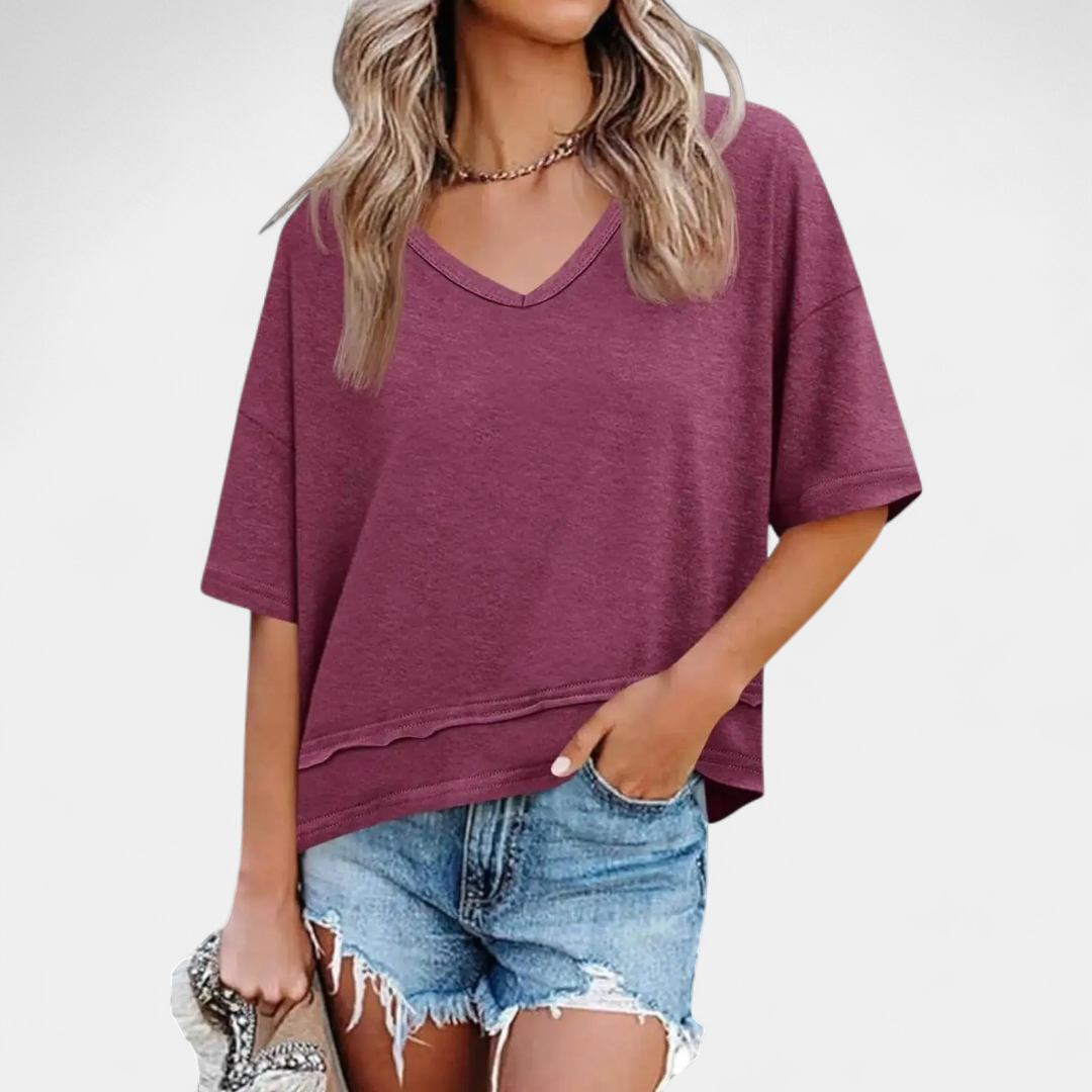 Women's Relaxed V-Neck Casual Tee - Burgundy