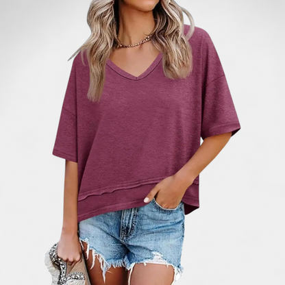 Women's Relaxed V-Neck Casual Tee - Burgundy