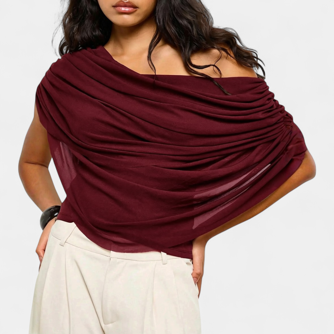 Women's Sultry Cape-Style Ruched Blouse - Burgundy