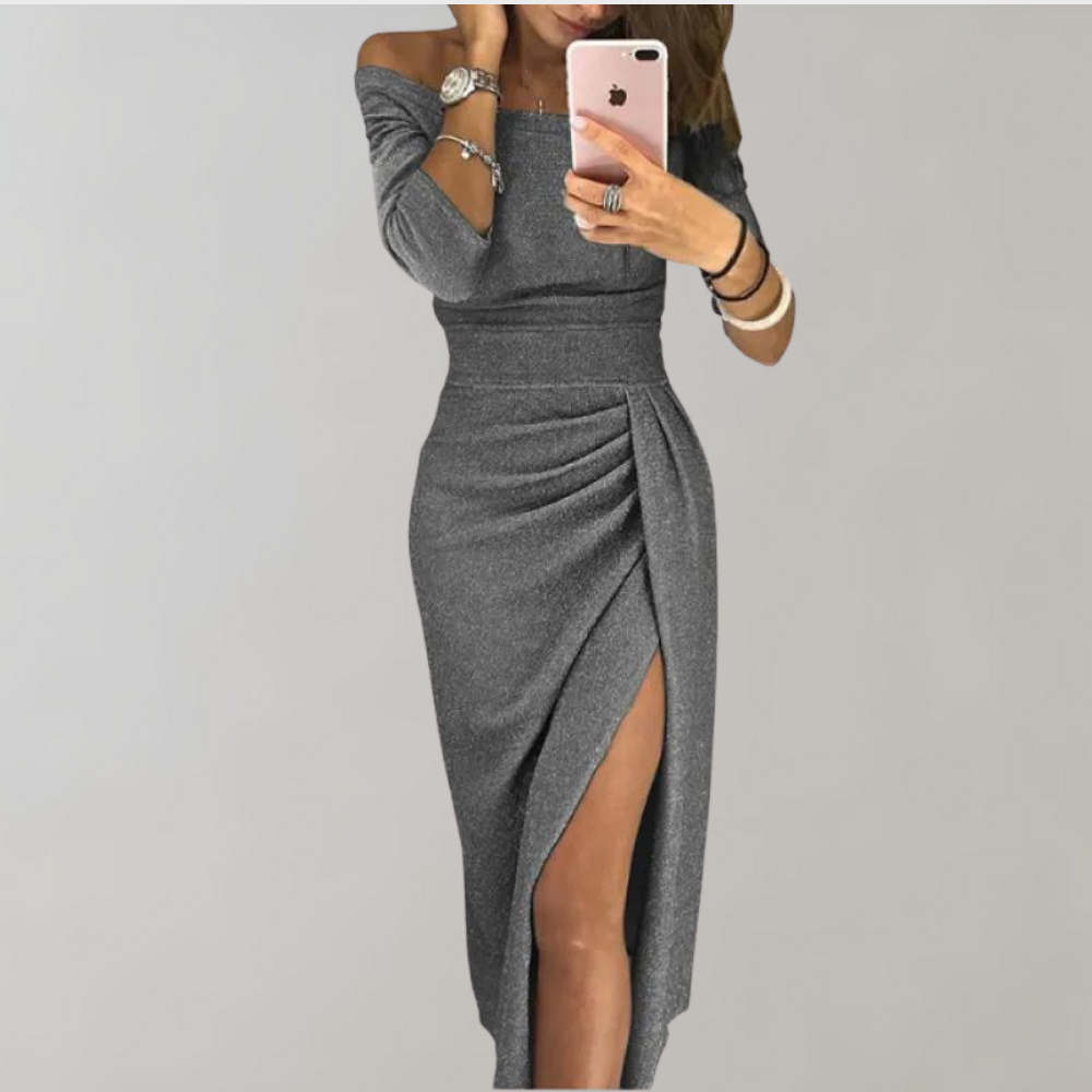 Women's Bodycon Dress Off-Shoulder with Ruched Waist and Side Slit - Grey