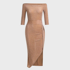 Women's Bodycon Dress Off-Shoulder with Ruched Waist and Side Slit - 3