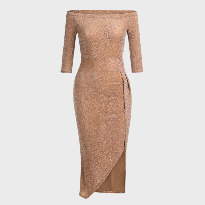 Women's Bodycon Dress Off-Shoulder with Ruched Waist and Side Slit - 3