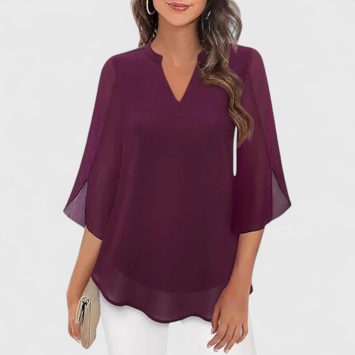 Women's Blouse V-Neck with Split Sleeves and Curved Hem - Purple