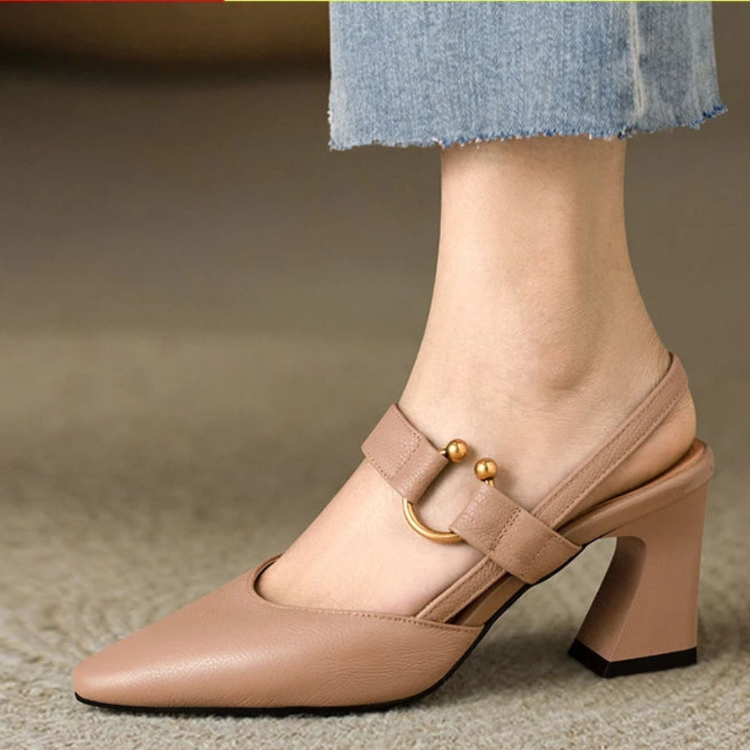 Women's Slingback Heels Pointed Toe with Ring Detail and Block Heel - Apricot