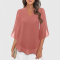 Women's Blouse V-Neck with Split Sleeves and Curved Hem - Pink