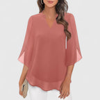 Women's Blouse V-Neck with Split Sleeves and Curved Hem - Pink