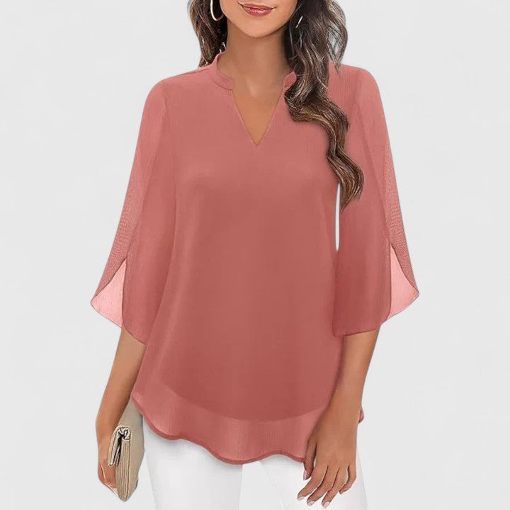 Women's Blouse V-Neck with Split Sleeves and Curved Hem - Pink