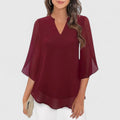 Women's Blouse V-Neck with Split Sleeves and Curved Hem - Burgundy