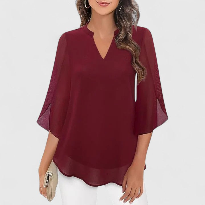Women's Blouse V-Neck with Split Sleeves and Curved Hem - Burgundy