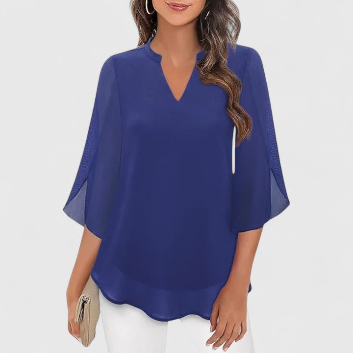 Women's Blouse V-Neck with Split Sleeves and Curved Hem - Blue
