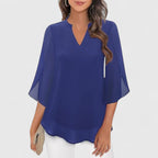 Women's Blouse V-Neck with Split Sleeves and Curved Hem - Blue