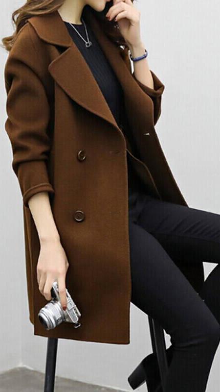 Women's Long Trench Coat Double-Breasted with Tailored Fit - Brown